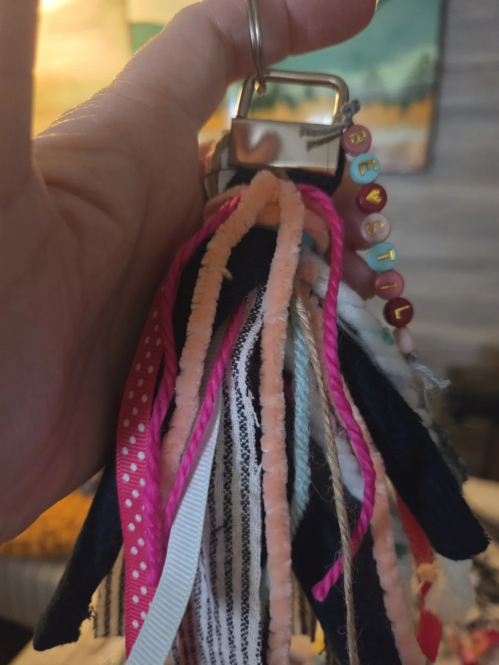Multicolor Ribbon, Denim, Pink and Yarn Tassel Keychain Bag Charm/Car Charm